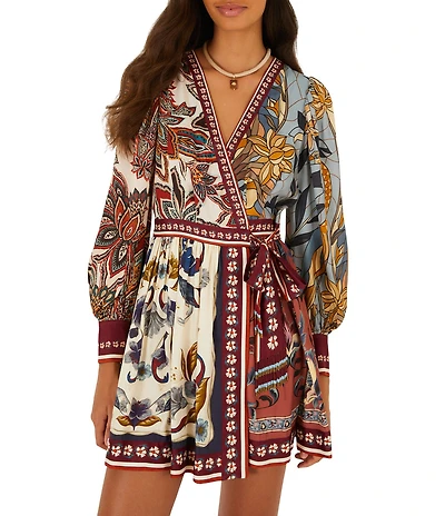 Farm Rio Stained Glass Beauty Mixed Scarf Printed V-Neck Long Sleeve Wrap Mini Dress