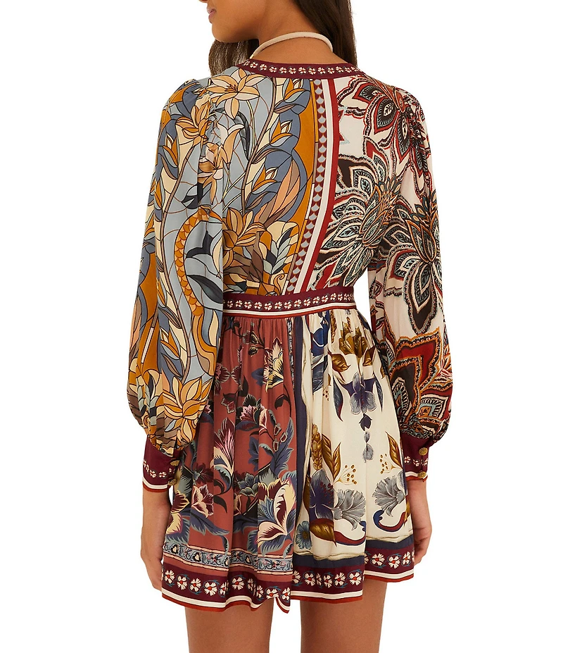 Farm Rio Stained Glass Beauty Mixed Scarf Printed V-Neck Long Sleeve Wrap Mini Dress