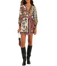 Farm Rio Stained Glass Beauty Mixed Scarf Printed V-Neck Long Sleeve Wrap Mini Dress