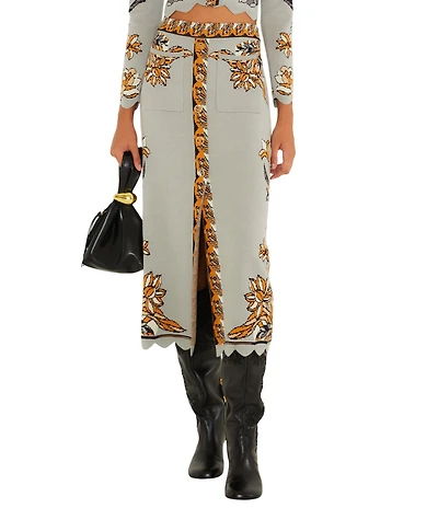 Farm Rio Stained Glass Beauty Printed Scalloped Hem Coordinating Knit Midi Skirt