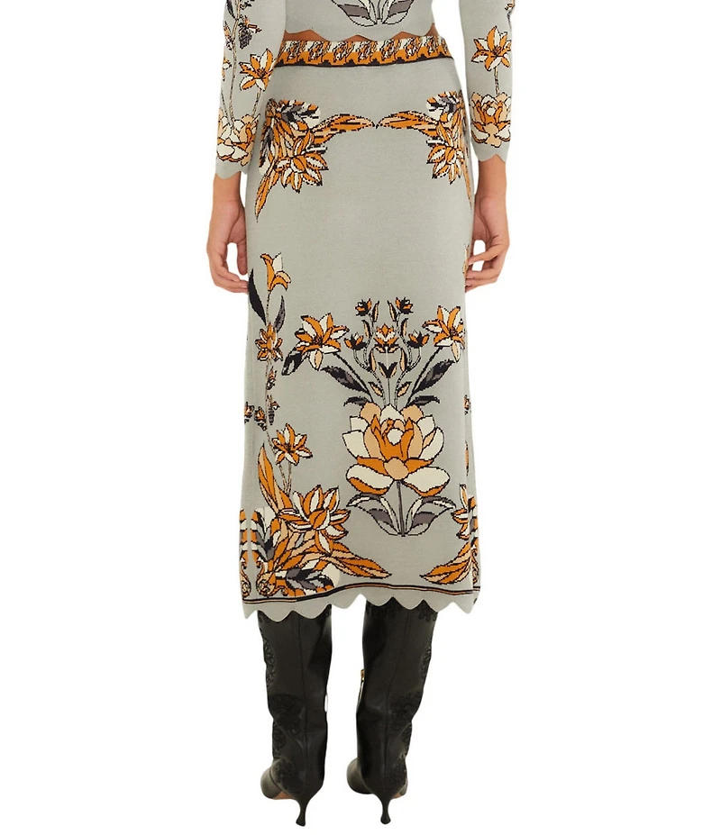 Farm Rio Stained Glass Beauty Printed Scalloped Hem Coordinating Knit Midi Skirt