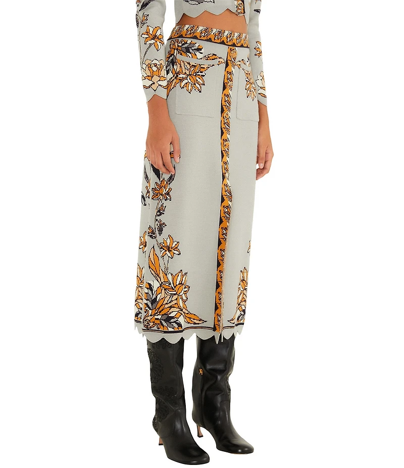 Farm Rio Stained Glass Beauty Printed Scalloped Hem Coordinating Knit Midi Skirt