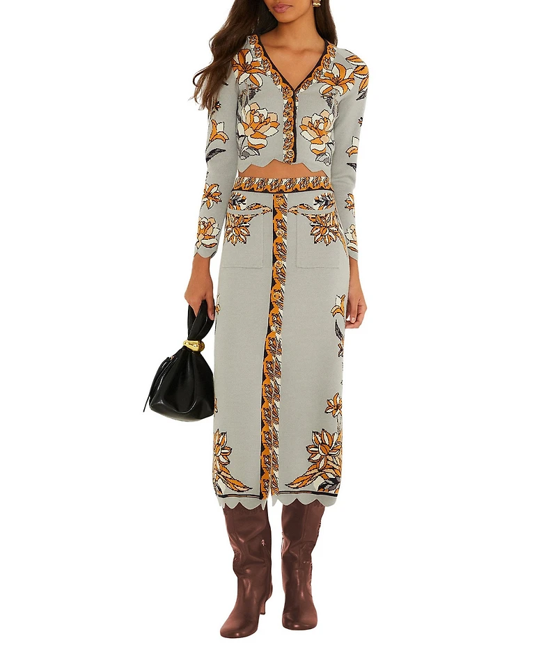 Farm Rio Stained Glass Beauty Printed V-Neck Long Sleeve Button Front Coordinating Knit Top