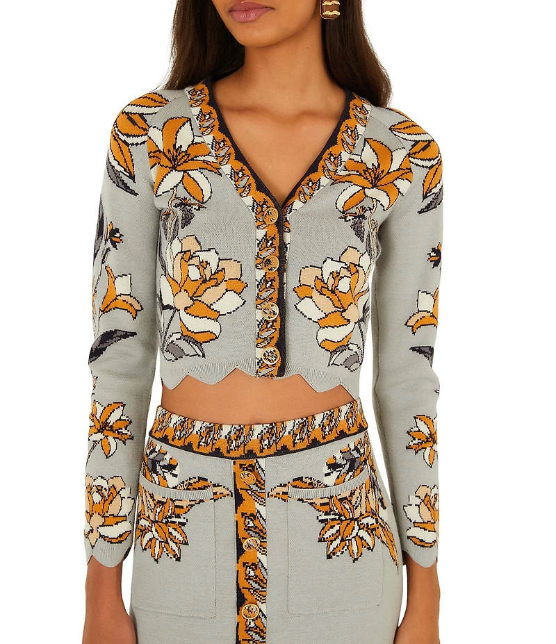 Farm Rio Stained Glass Beauty Printed V-Neck Long Sleeve Button Front Coordinating Knit Top