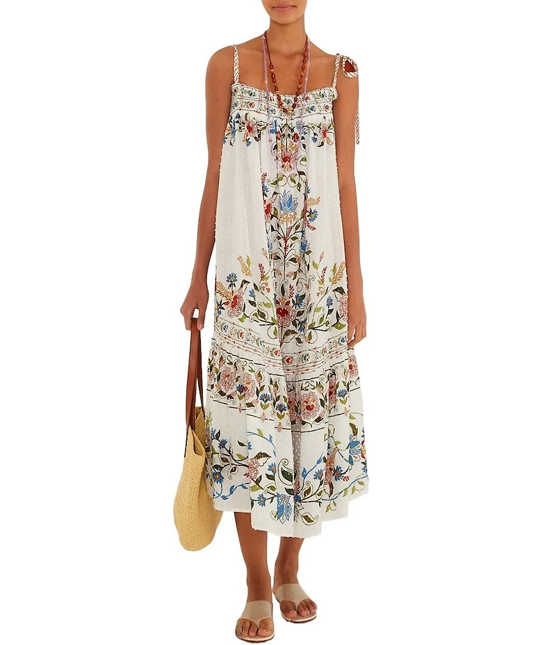 Farm Rio Stitched Garden Print Tie Shoulder Dress Swim Cover-Up