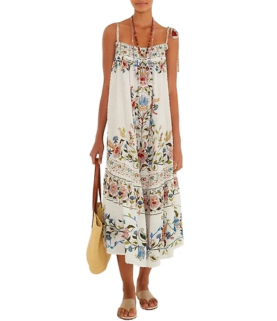 Farm Rio Stitched Garden Print Tie Shoulder Dress Swim Cover-Up