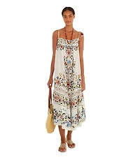 Farm Rio Stitched Garden Print Tie Shoulder Dress Swim Cover-Up