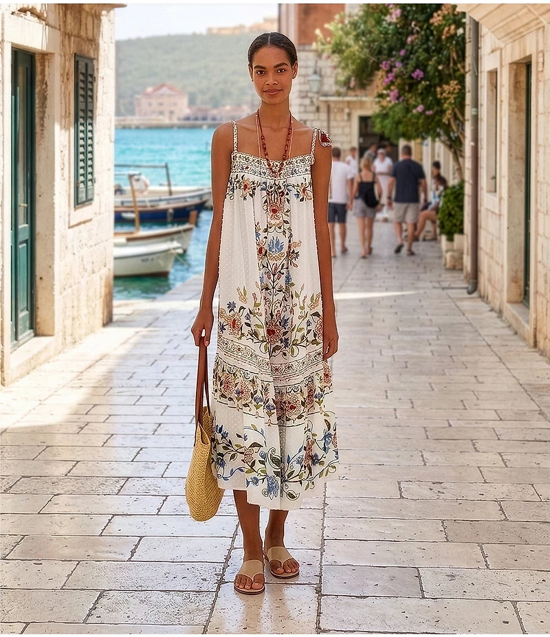 Farm Rio Stitched Garden Print Tie Shoulder Dress