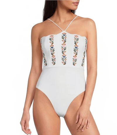 Farm Rio Stitched Garden Scalloped Floral Embroidered One Piece Swimsuit