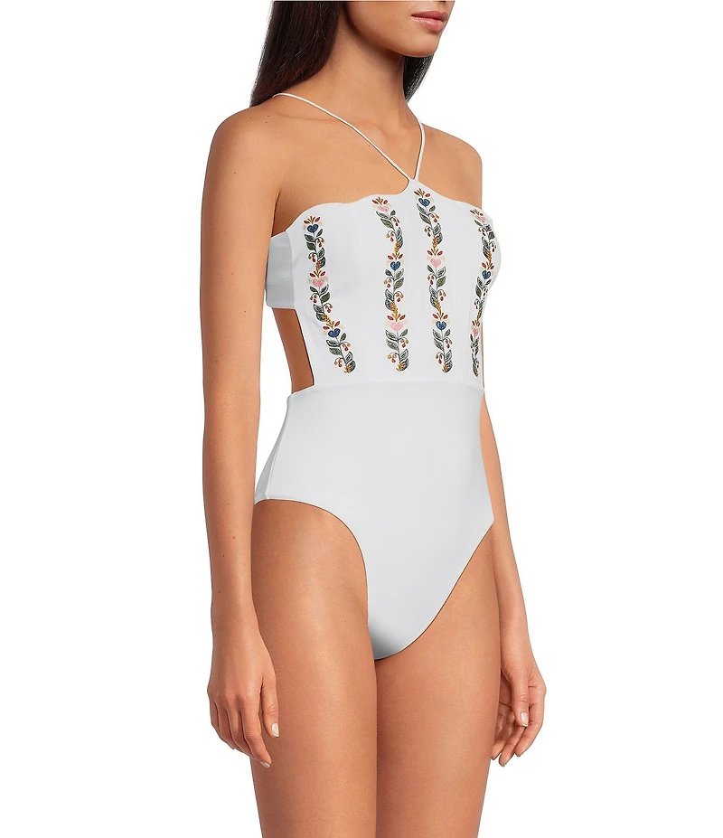 Farm Rio Stitched Garden Scalloped Floral Embroidered One Piece Swimsuit
