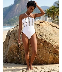 Farm Rio Stitched Garden Scalloped Floral Embroidered One Piece Swimsuit