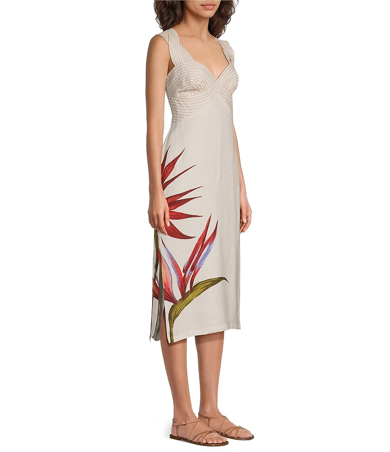 Farm Rio Strelitzia Sand Floral Placement Print Sweetheart Neck Sleeveless Linen Midi Dress