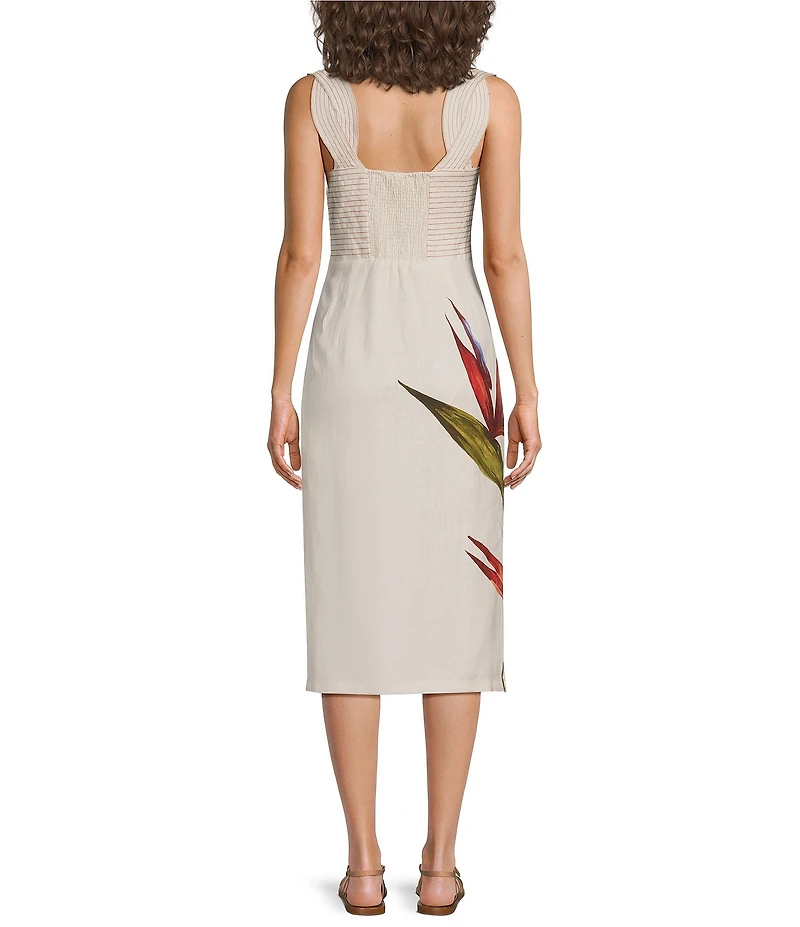 Farm Rio Strelitzia Sand Floral Placement Print Sweetheart Neck Sleeveless Linen Midi Dress