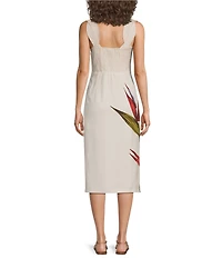 Farm Rio Strelitzia Sand Floral Placement Print Sweetheart Neck Sleeveless Linen Midi Dress