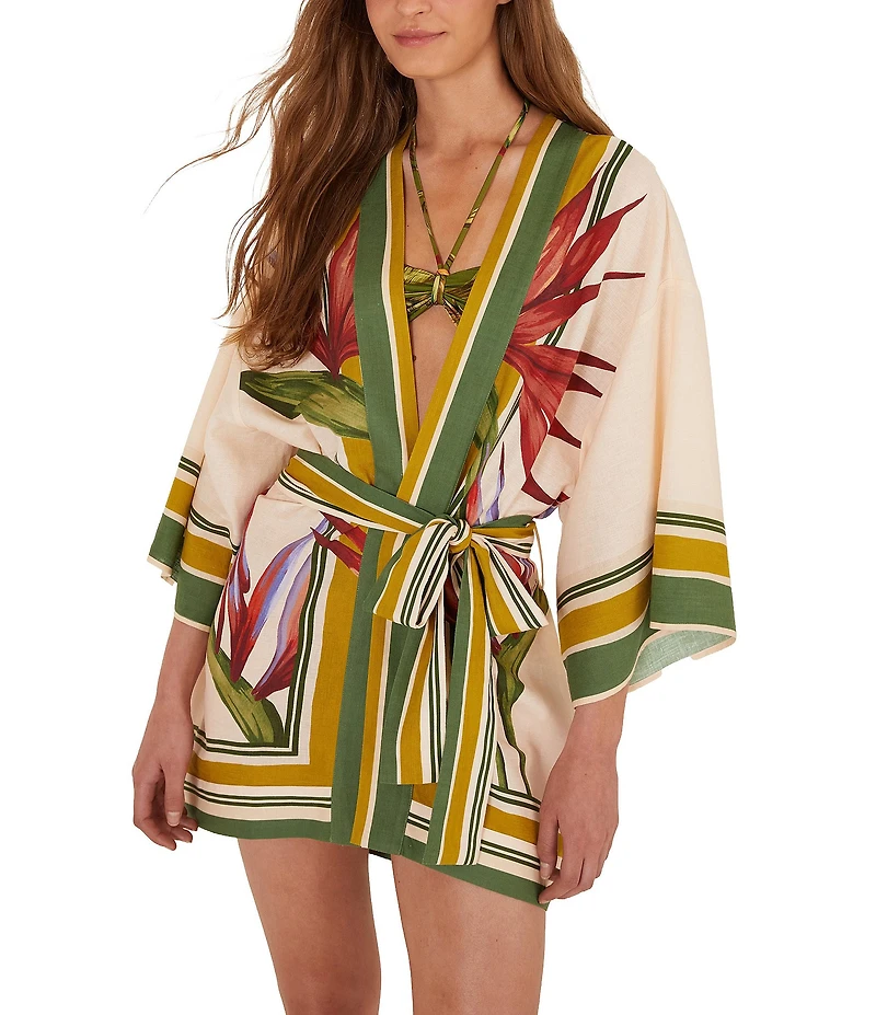 Farm Rio Strilitzia Light Blush Print Belted Kimono Swim Cover-Up