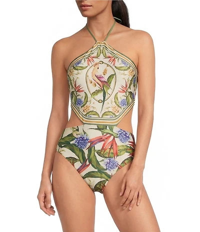 Farm Rio Strilitzia Light Blush Print Halter One Piece Swimsuit