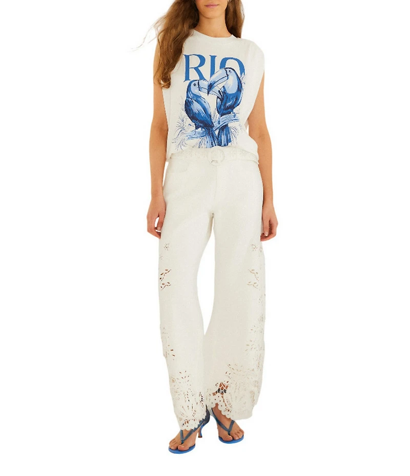 Farm Rio Toucan Rio Graphic Print Crew Neck Sleeveless Shoulder Pad Tank Tee