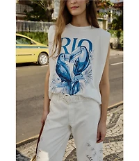 Farm Rio Toucan Rio Graphic Print Crew Neck Sleeveless Shoulder Pad Tank Tee