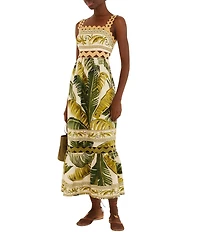 Farm Rio Trancoso Sand Tropical Ric Rac Square Neck Sleeveless Maxi Dress