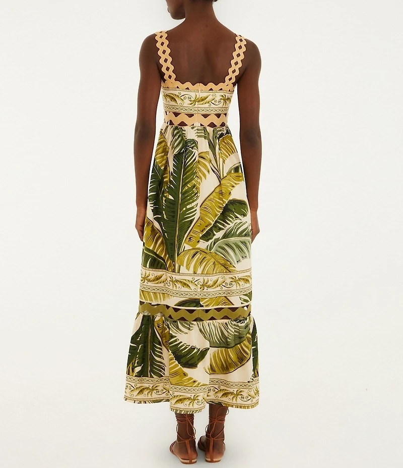 Farm Rio Trancoso Sand Tropical Ric Rac Square Neck Sleeveless Maxi Dress