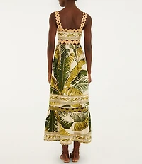 Farm Rio Trancoso Sand Tropical Ric Rac Square Neck Sleeveless Maxi Dress