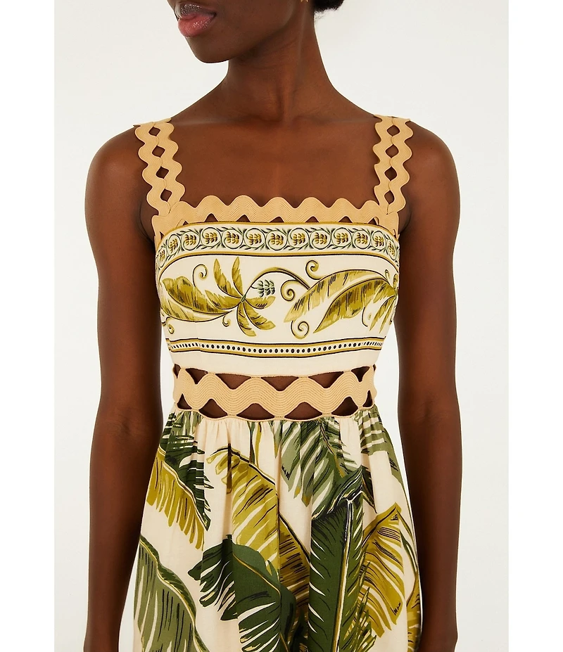Farm Rio Trancoso Sand Tropical Ric Rac Square Neck Sleeveless Maxi Dress
