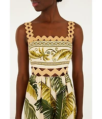 Farm Rio Trancoso Sand Tropical Ric Rac Square Neck Sleeveless Maxi Dress