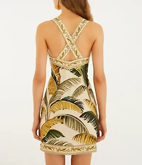 Farm Rio Trancoso Sand Topical Palm Print Linen Sweetheart Neckline Sleeveless Mini Dress