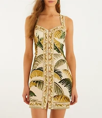 Farm Rio Trancoso Sand Topical Palm Print Linen Sweetheart Neckline Sleeveless Mini Dress