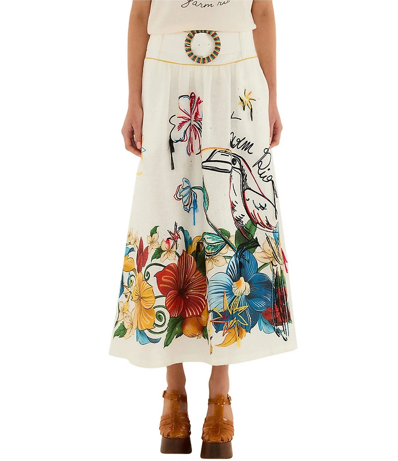 Farm Rio Tropi Embroidered Linen Maxi Skirt