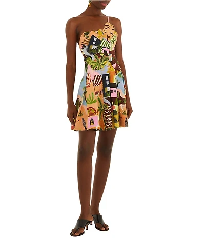 Farm Rio Tropical Painting Multicolor One-Shoulder Sleeveless Linen Blend Mini Dress