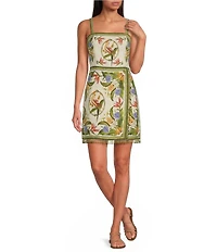 FARM Rio Tropical Scarf Square Neck Sleeveless Printed Linen Mini Dress