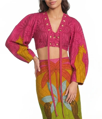 Farm Rio Usiacuri Multicolor V-Neck Long Sleeve Eyelet Coordinating Cropped Linen Blouse