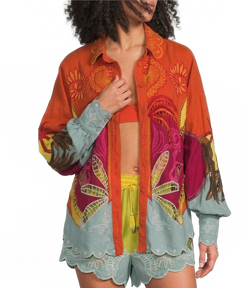 Farm Rio Usiacuri Richelieu Collar Long Sleeve Coordinating Linen Shirt