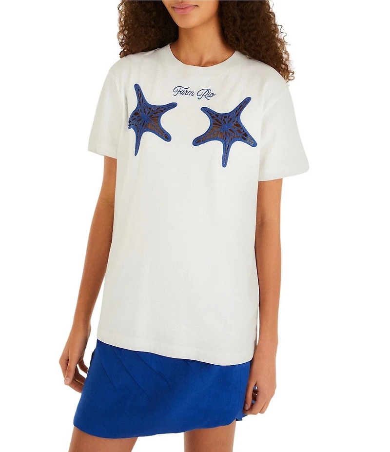 Farm Rio White #double;Farm Rio#double; Starfish Cut-Out Crew Neck Short Sleeve T-Shirt
