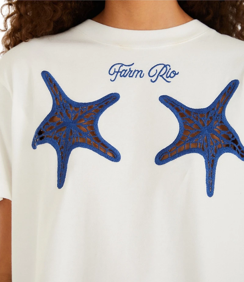 Farm Rio White #double;Farm Rio#double; Starfish Cut-Out Crew Neck Short Sleeve T-Shirt