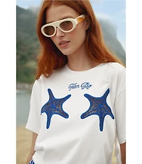 Farm Rio White #double;Farm Rio#double; Starfish Cut-Out Crew Neck Short Sleeve T-Shirt