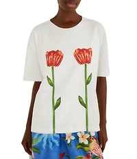Farm Rio White Tropical Rose Organic Cotton Crew Neck Short Sleeve Relaxed T-Shirt