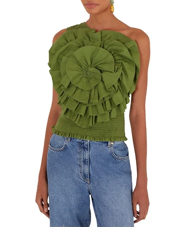 Farm Rio Woven Green One-Shoulder Sleeveless Floral Applique Blouse