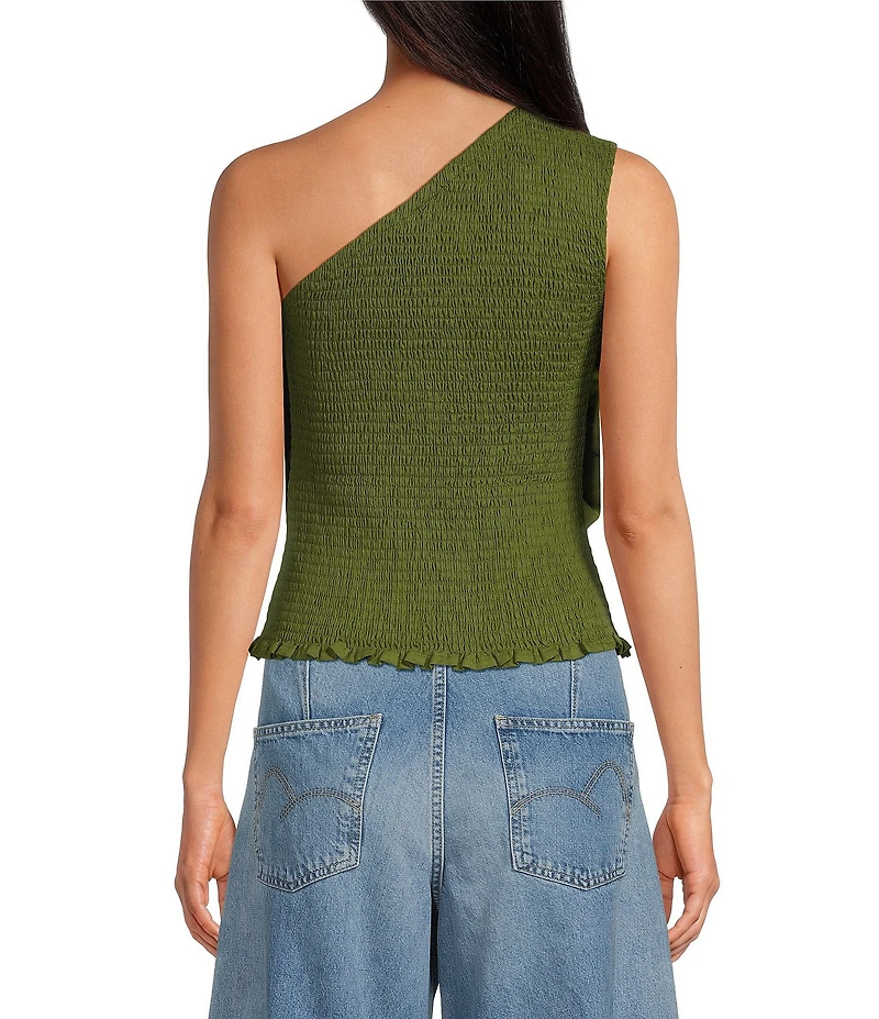 Farm Rio Woven Green One-Shoulder Sleeveless Floral Applique Blouse
