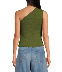 Farm Rio Woven Green One-Shoulder Sleeveless Floral Applique Blouse