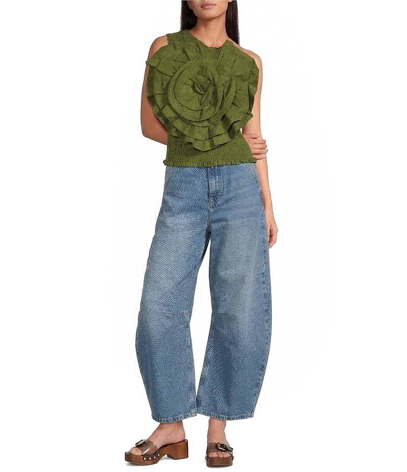 Farm Rio Woven Green One-Shoulder Sleeveless Floral Applique Blouse