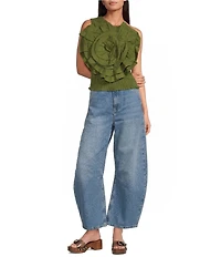 Farm Rio Woven Green One-Shoulder Sleeveless Floral Applique Blouse