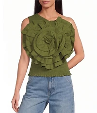 Farm Rio Woven Green One-Shoulder Sleeveless Floral Applique Blouse