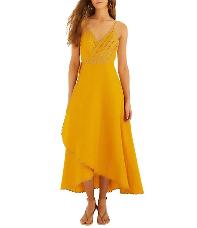 Farm Rio Linen Banana Motif V-Neck Sleeveless Hi-Low Wrap Scallop Hem Maxi Dress