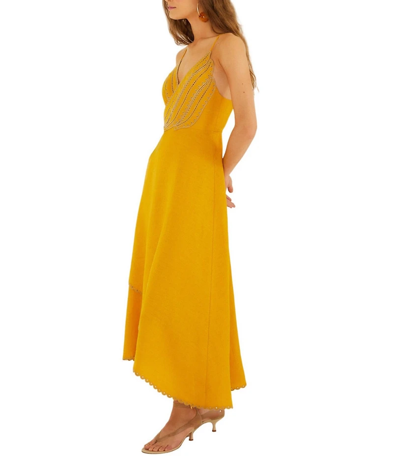 Farm Rio Linen Banana Motif V-Neck Sleeveless Hi-Low Wrap Scallop Hem Maxi Dress