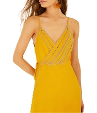 Farm Rio Linen Banana Motif V-Neck Sleeveless Hi-Low Wrap Scallop Hem Maxi Dress