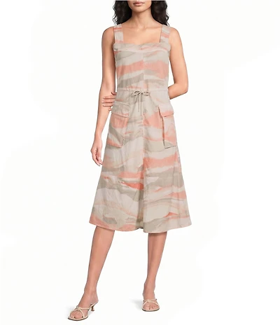 Feather Gray Cotton-Blend Coral Combo Watercolor Print Square Neck Sleeveless Apron Dress