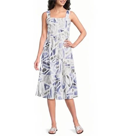 Feather Gray Cotton-Blend Coral Combo Watercolor Print Square Neck Sleeveless Apron Dress