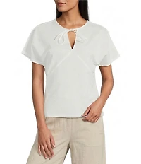 Feather Gray Cotton Blend Crew Neck Keyhole Tie Top